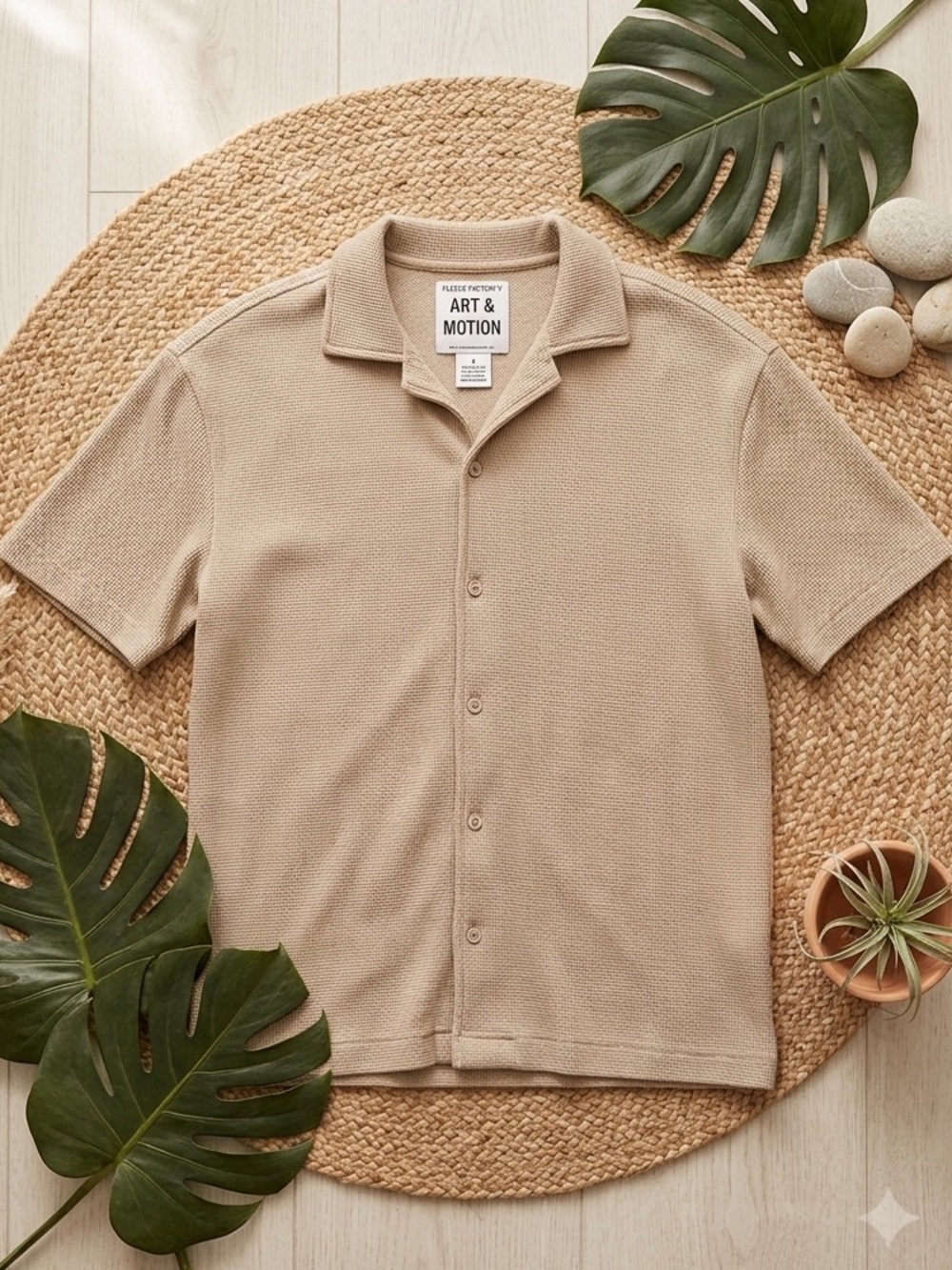 FLEECE FACTORY Art & Motion Tan Waffle Textured  Cuban Collar Button Down Shirt